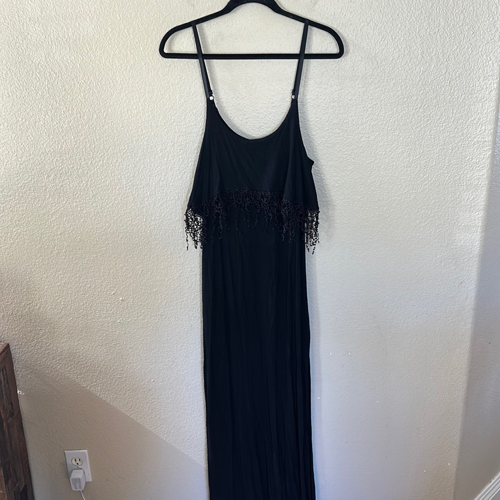 NEW Alythea Black Fringe Spaghetti Strap High Slits Maxi Dress Size Large